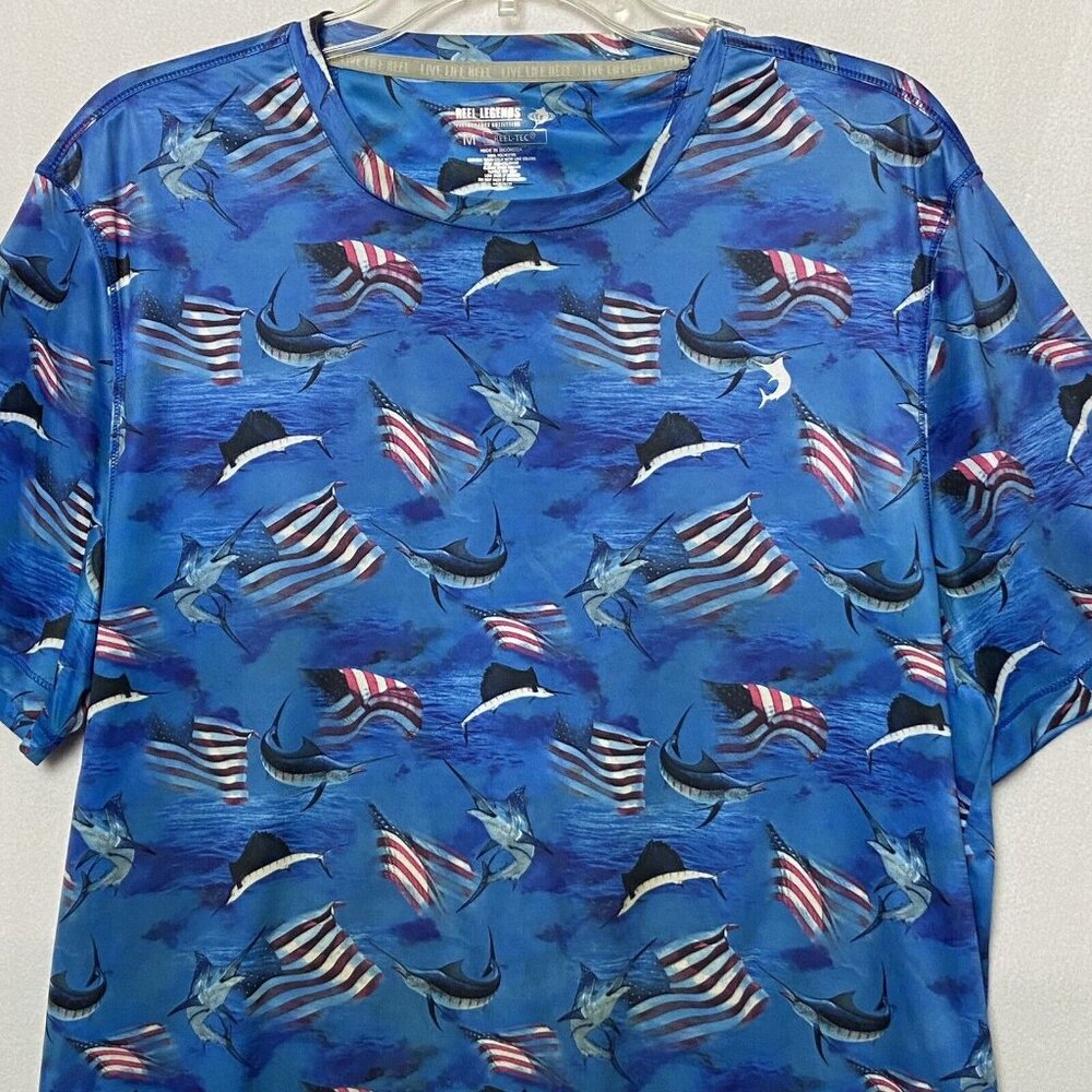 Reel Legends T Shirt Mens Blue Medium Reel Tec Flag Fish All Over Print …